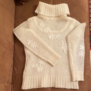Elegant Cream Floral Turtleneck Sweater